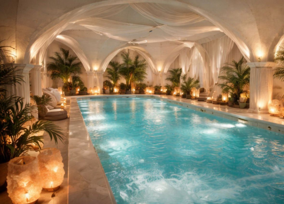 Piscina interna a volte, drappi bianchi e candele — atmosfera Cocoon