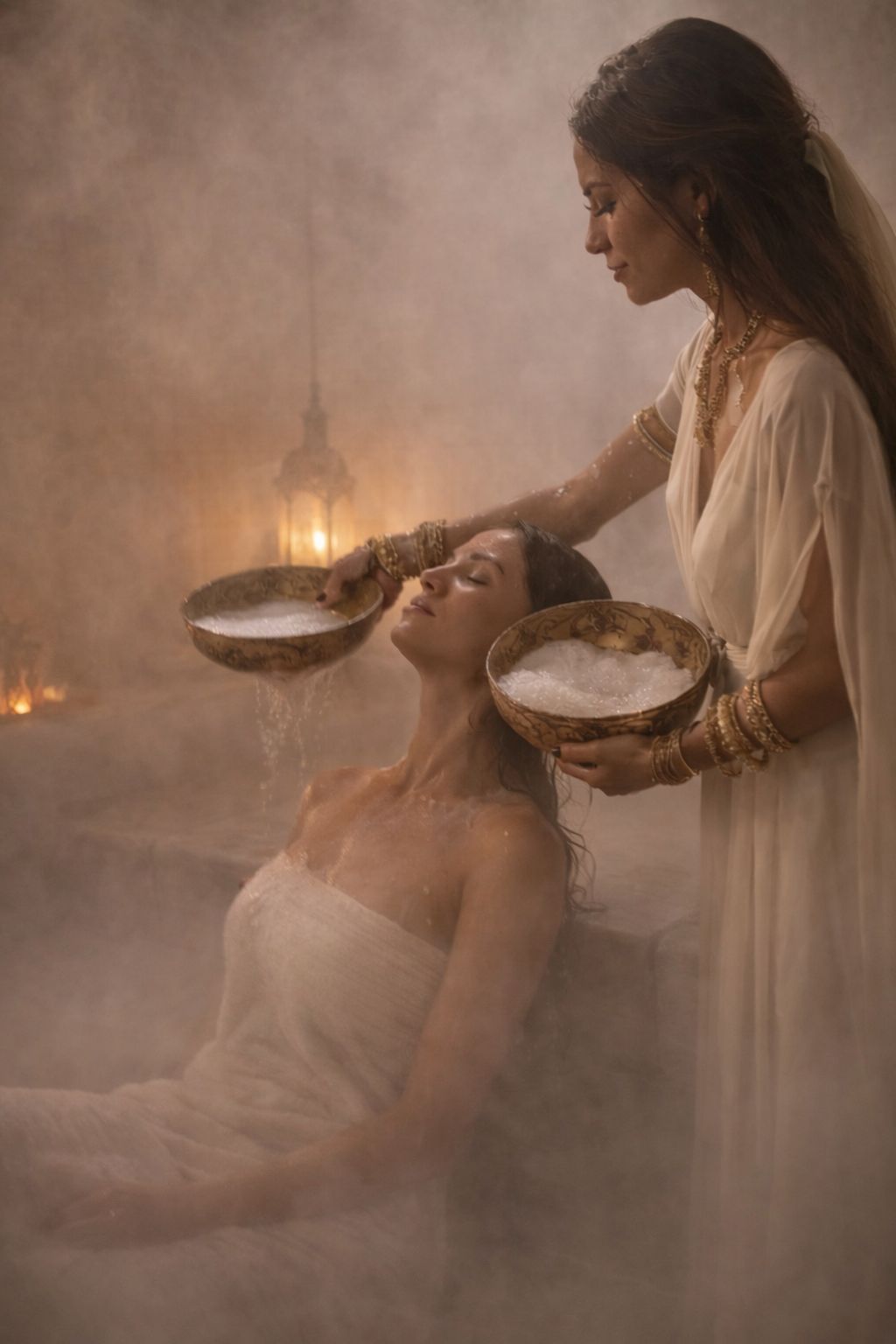Rituale di purificazione con coppe dorate e luce di lanterna