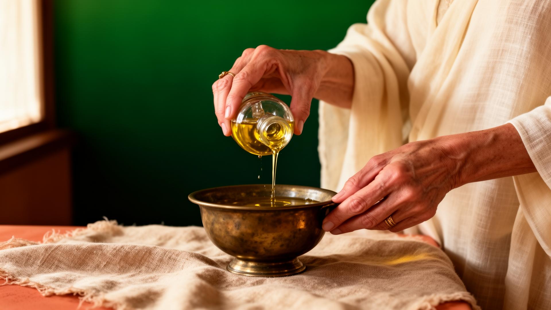 Mani di Amita versano olio caldo in una coppa di bronzo