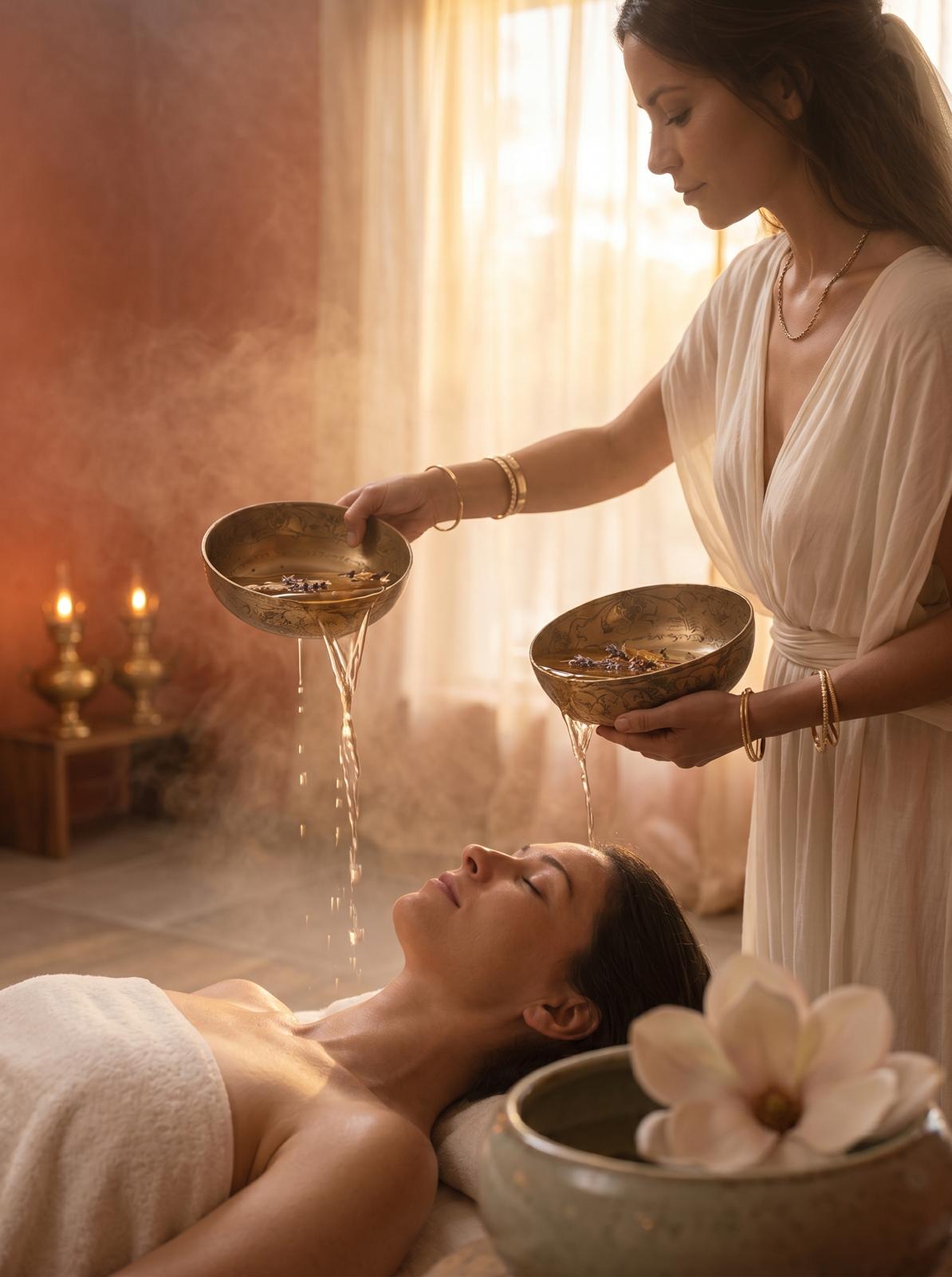 Rituale del corpo: acqua versata da coppe dorate, luce dorata
