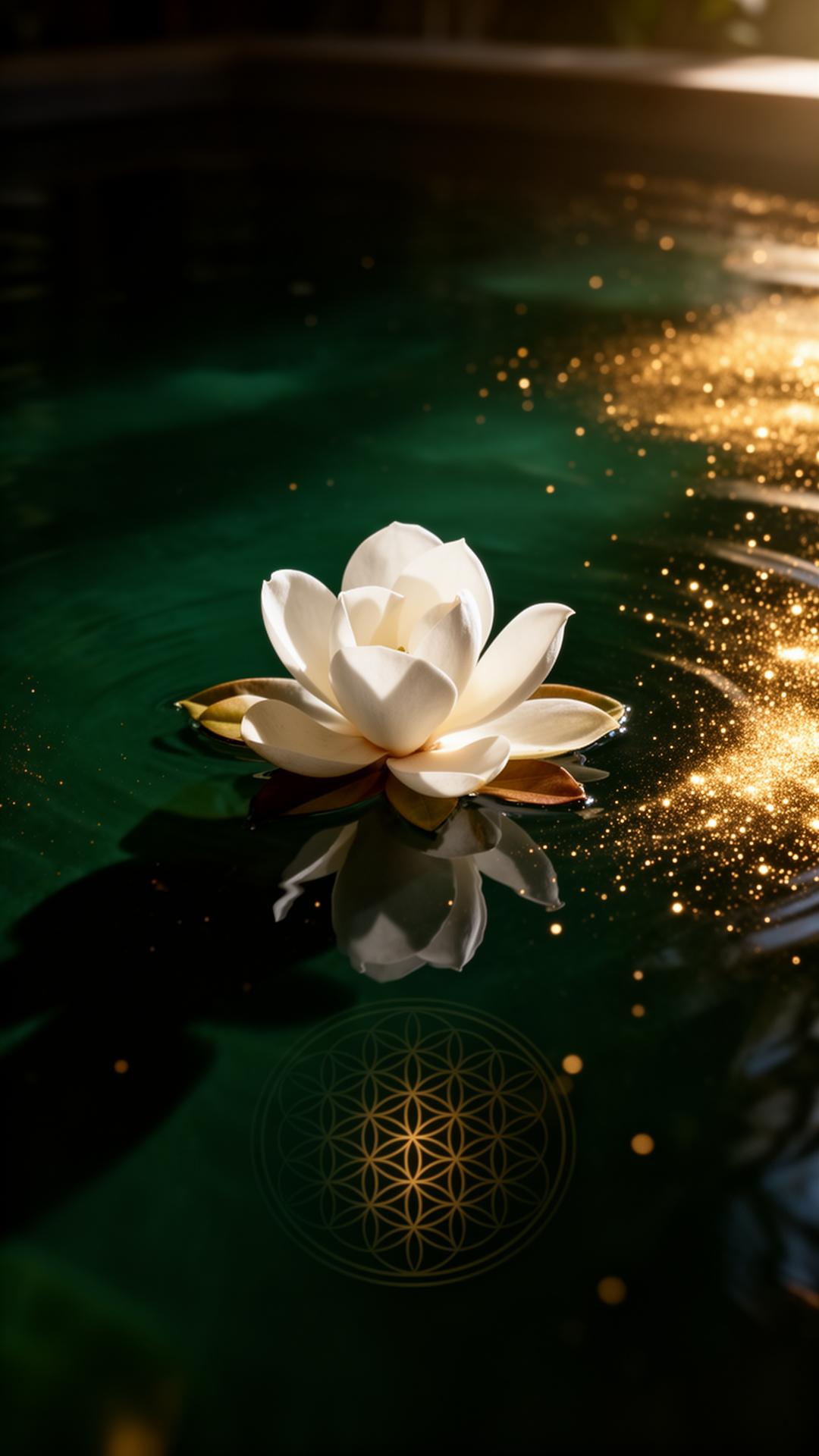Magnolia bianca su acqua verde profonda con riflesso del Fiore della Vita