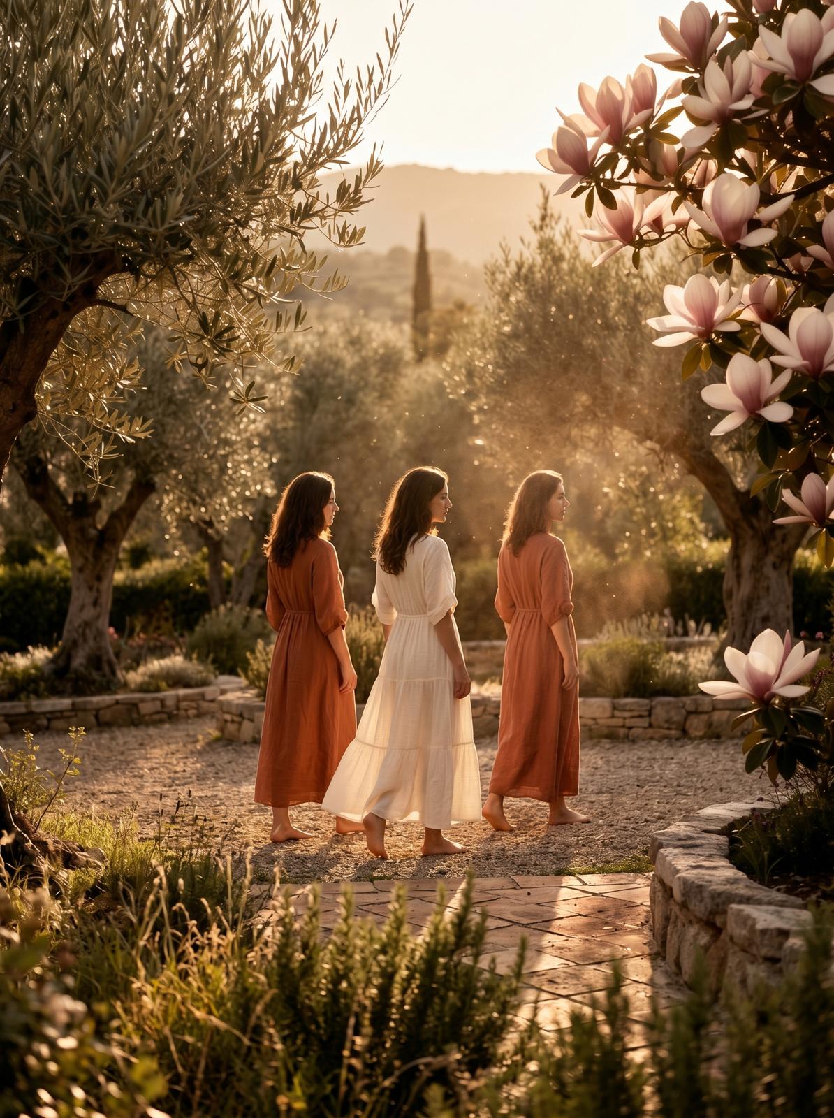 Tre donne scalze in un giardino di ulivi e magnolie alla luce dorata