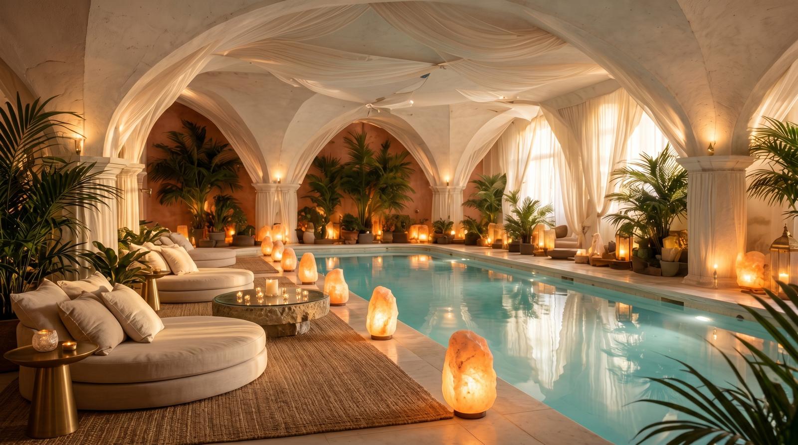 Spa con piscina, archi, lampade di sale e teli bianchi