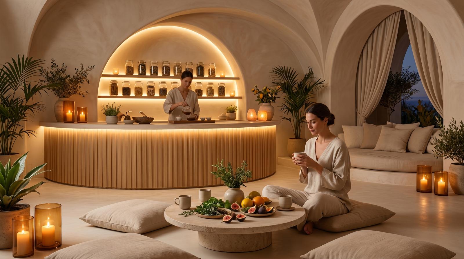 Tea lounge della spa con tisaneria, candele e luce calda — atmosfera retreat